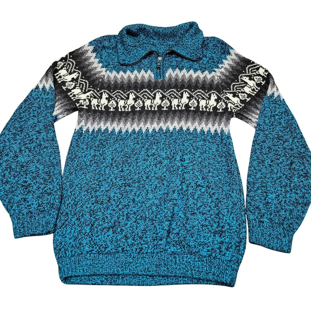 Vintage Llama Knit Half‎ Zip Sweater Medium Blue Black Marled Pattern Pullover